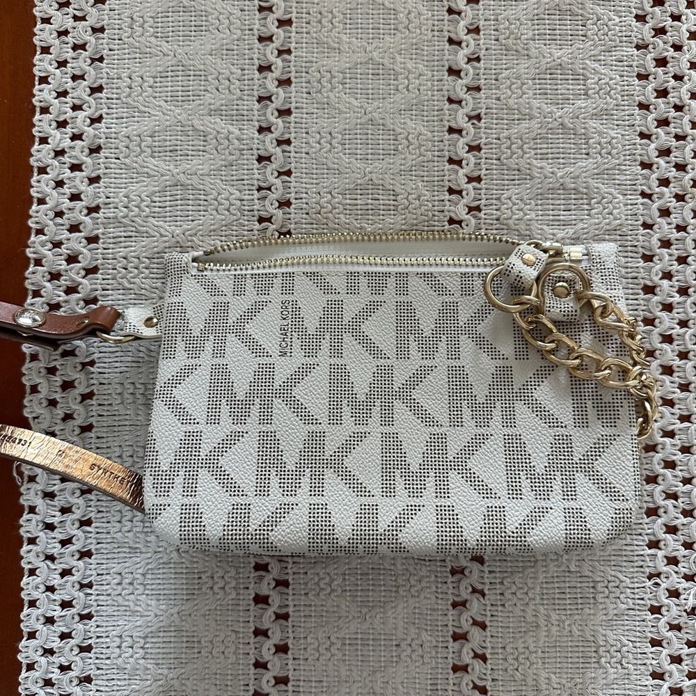 Michael Kors White MK Logo Belt Bag with Gold Chain
